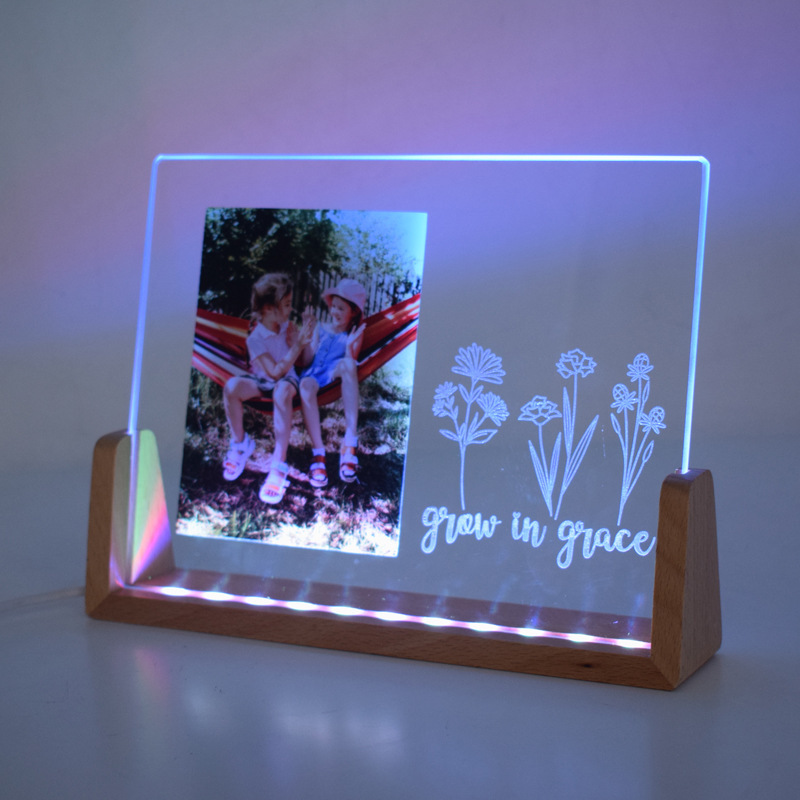 sublimation & laser engraving 2 in 1 glass frame with LED wood stand