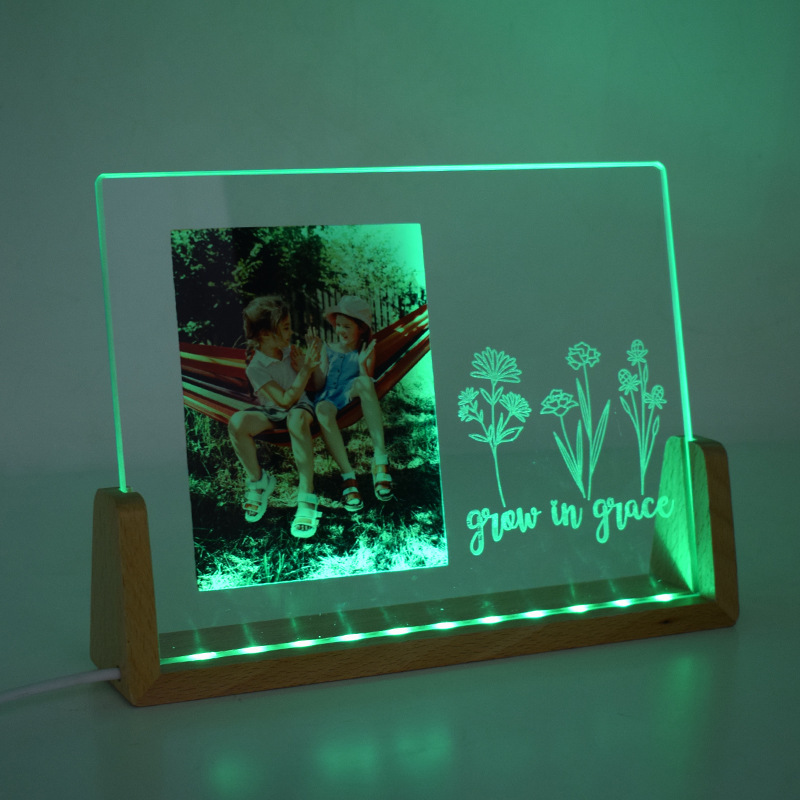 sublimation & laser engraving 2 in 1 glass frame with LED wood stand