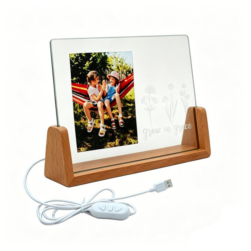 sublimation & laser engraving 2 in 1 glass frame with LED wood stand