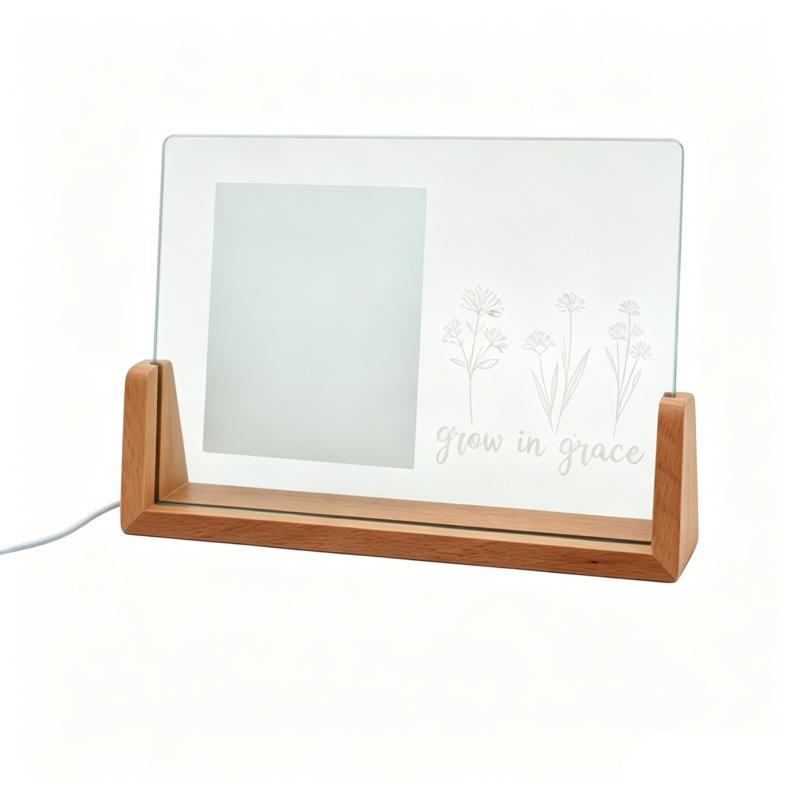 sublimation & laser engraving 2 in 1 glass frame with LED wood stand