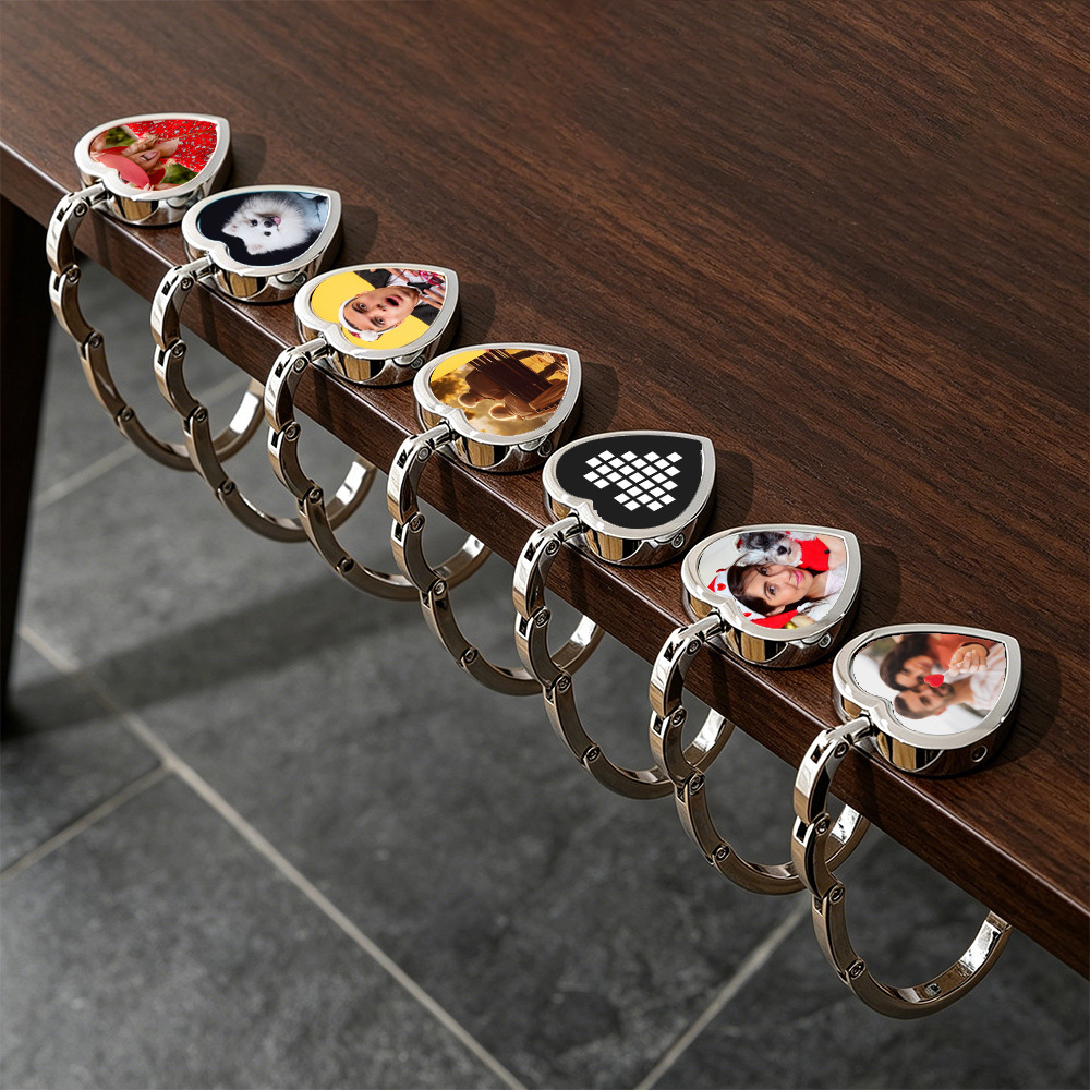 Sublimation Blank Heart & Round Metal Purse Hook for Tables - Foldable Handbag Hanger Holder - DIY Personalized Desktop Bag Hook - Zinc Alloy Portable Purse Hanger (2 Styles)