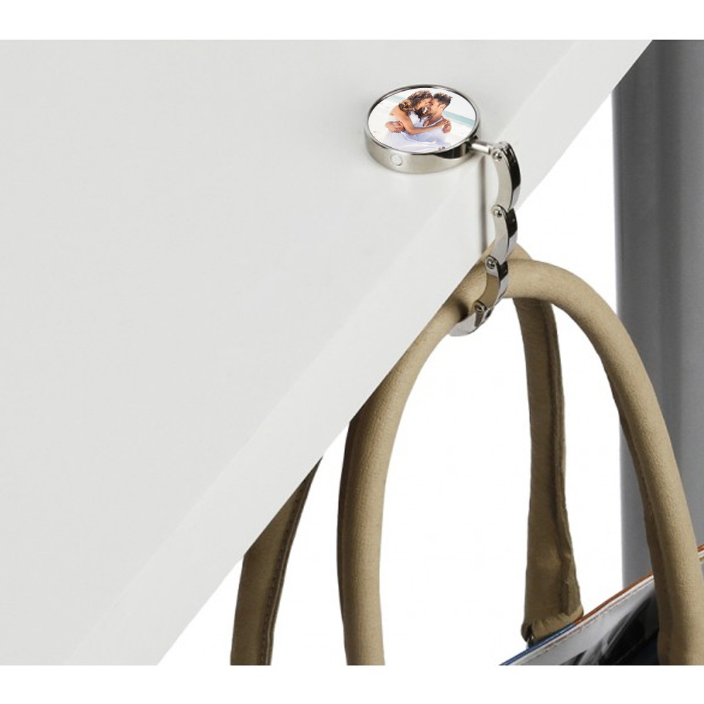 Sublimation Blank Heart & Round Metal Purse Hook for Tables - Foldable Handbag Hanger Holder - DIY Personalized Desktop Bag Hook - Zinc Alloy Portable Purse Hanger (2 Styles)