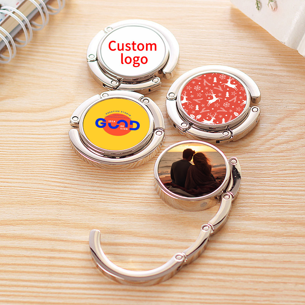 Sublimation Blank Heart & Round Metal Purse Hook for Tables - Foldable Handbag Hanger Holder - DIY Personalized Desktop Bag Hook - Zinc Alloy Portable Purse Hanger (2 Styles)