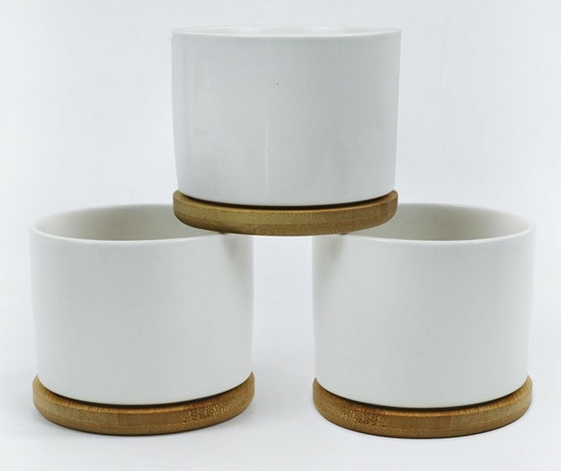 Sublimation Blank White Ceramic Planters with Bamboo Saucers - DIY Personalized Succulent Pots - 2 Sizes Available - Custom Photo Flower Pot for Indoor Home & Office Decor