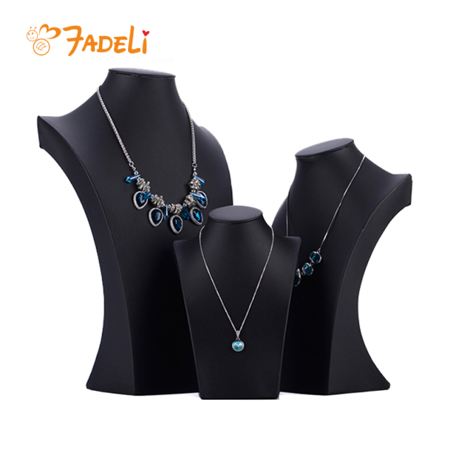 FADELI Custom Black Leather Necklace Pendant Neck Form Display Mannequin Stand for Jewelry Shop Showcase Wooden Necklace Displays
