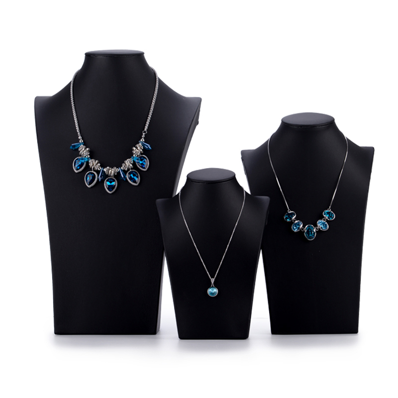 FADELI Custom Black Leather Necklace Pendant Neck Form Display Mannequin Stand for Jewelry Shop Showcase Wooden Necklace Displays