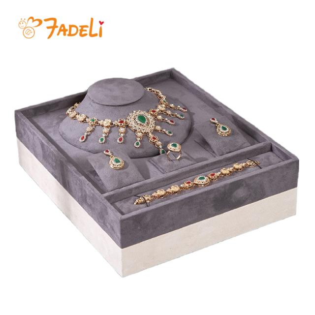 FADELI Luxury Unique Cream Gray Velvet Jewelry Presentation Tray Stackable Ring Earrings Necklace Bracelet Jewelry Storage Display Tray