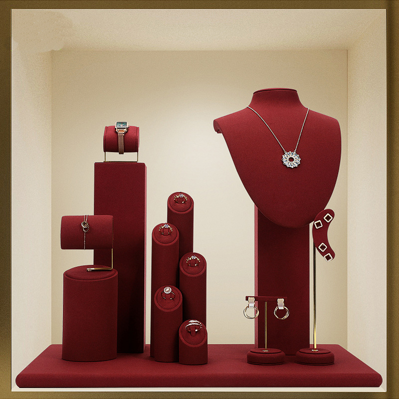 FADELI Luxurious Wine Red Ultra-fine Jewelry Display Props Necklace Ring Bracelet Display Stand Window Jewelry Rack Metal Jewelry Stand