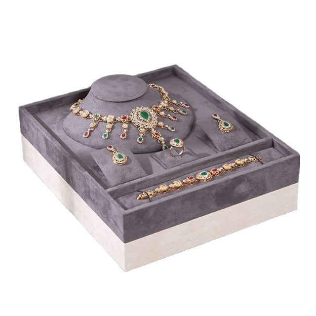 FADELI Luxury Unique Cream Gray Velvet Jewelry Presentation Tray Stackable Ring Earrings Necklace Bracelet Jewelry Storage Display Tray