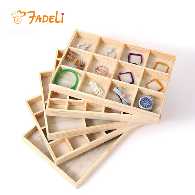 FADELI Custom Logo Solid Wood Jewelry Tray Pine Wood 6 12 24 36 Grids Storage Tray Bangle Bracelet Ring Charms Display Tray in Stock
