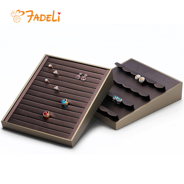 FADELI Luxury Brown Leather Jewelry Storage Tray Ring Necklace Pendant Earring Stud Display Stand Champagne Jewelry Display Stand