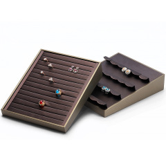 FADELI Luxury Brown Leather Jewelry Storage Tray Ring Necklace Pendant Earring Stud Display Stand Champagne Jewelry Display Stand