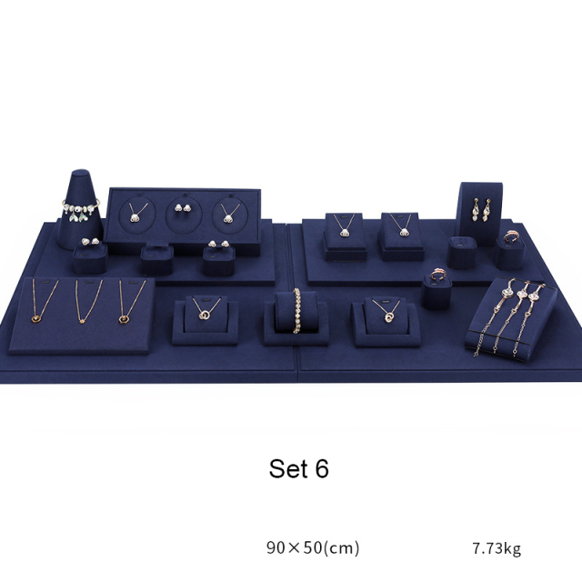 FADELI Luxury Dark Blue Microfiber Jewelry Display Props Wholesale Necklace Bracelet Gold Jewelry Store Window Jewellery Display Set
