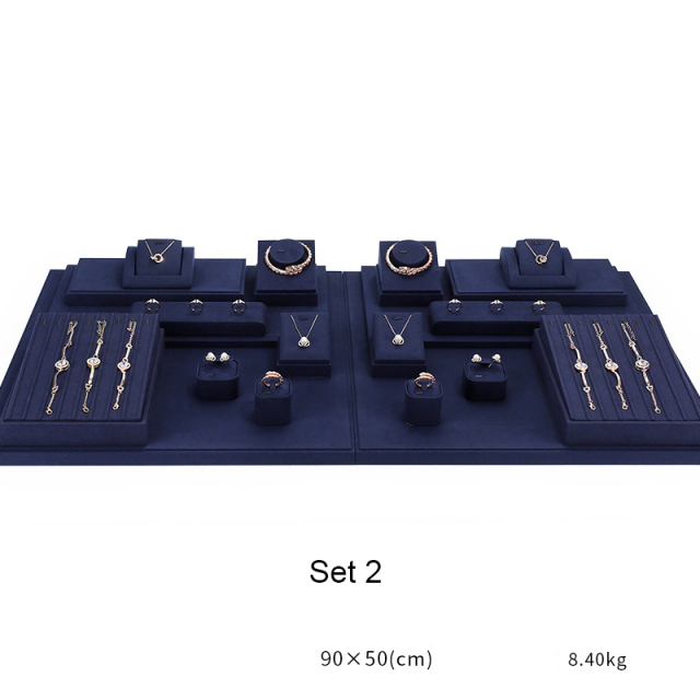 FADELI Luxury Dark Blue Microfiber Jewelry Display Props Wholesale Necklace Bracelet Gold Jewelry Store Window Jewellery Display Set
