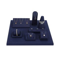 FADELI Luxury Dark Blue Microfiber Jewelry Display Props Wholesale Necklace Bracelet Gold Jewelry Store Window Jewellery Display Set