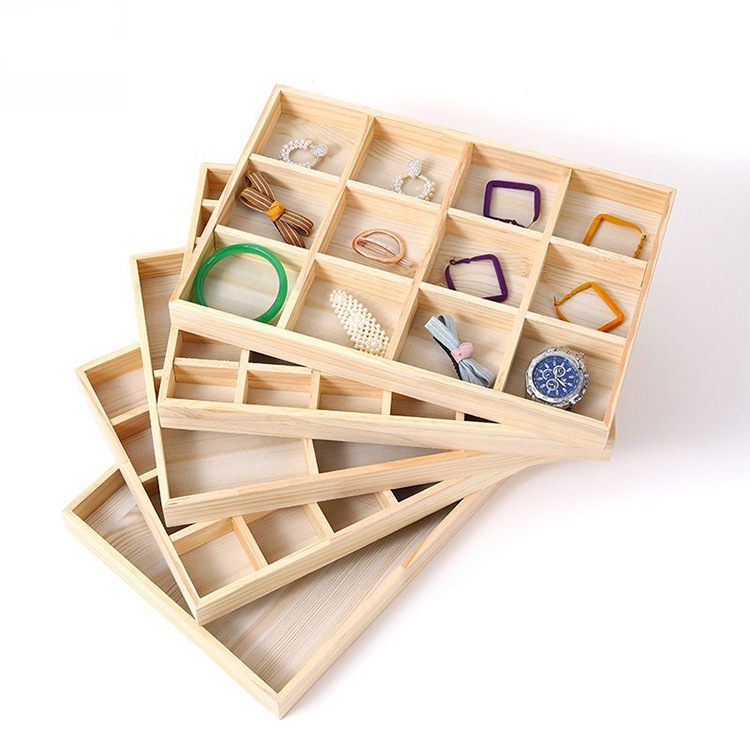 FADELI Custom Logo Solid Wood Jewelry Tray Pine Wood 6 12 24 36 Grids Storage Tray Bangle Bracelet Ring Charms Display Tray in Stock