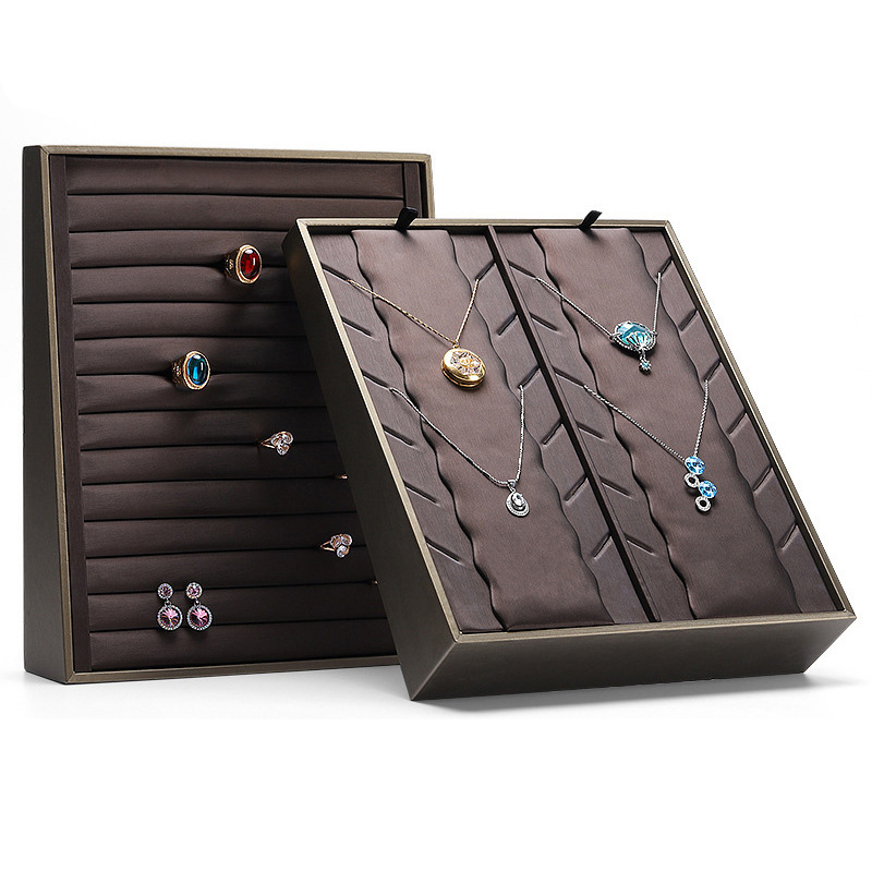 FADELI Luxury Brown Leather Jewelry Storage Tray Ring Necklace Pendant Earring Stud Display Stand Champagne Jewelry Display Stand