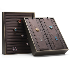 FADELI Luxury Brown Leather Jewelry Storage Tray Ring Necklace Pendant Earring Stud Display Stand Champagne Jewelry Display Stand