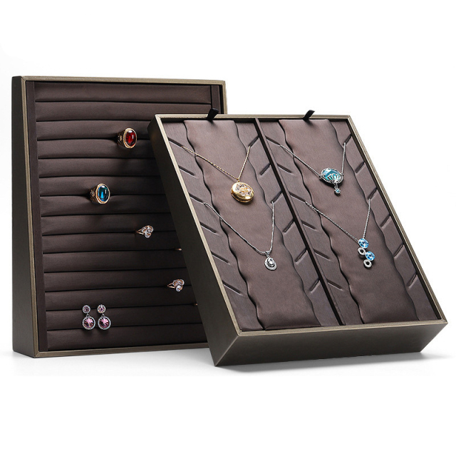 FADELI Luxury Brown Leather Jewelry Storage Tray Ring Necklace Pendant Earring Stud Display Stand Champagne Jewelry Display Stand