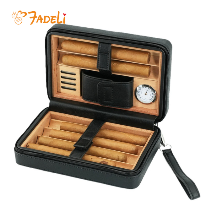 FADELI Wholesale Black Brown Cigar Humidor Case Leather Cedar Wood Cigar Box with Built in Hygrometer and Humidifier
