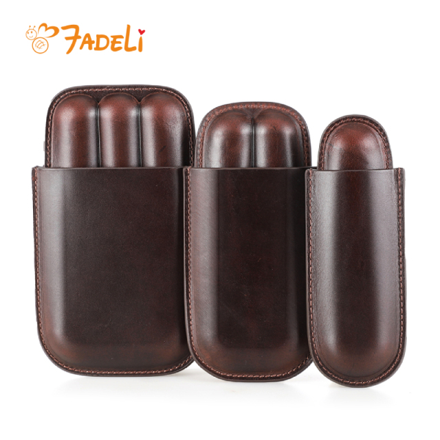 FADELI OEM Custom Genuine Leather Travel Humidor Cigar Box 1-3 Finger Tube Wholesale 1 2 3 Finger Cigar Case for Men