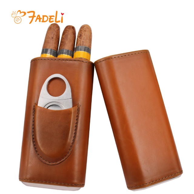 FADELI High Quality Leather Portable Cigar Travel Case Humidors With Cigar Cutter