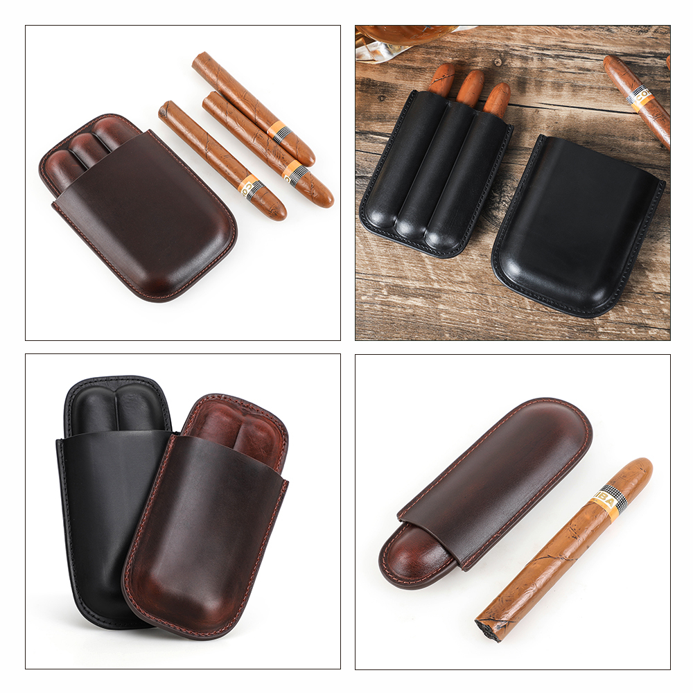 FADELI OEM Custom Genuine Leather Travel Humidor Cigar Box 1-3 Finger Tube Wholesale 1 2 3 Finger Cigar Case for Men