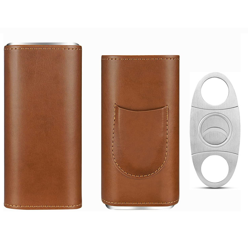 FADELI High Quality Leather Portable Cigar Travel Case Humidors With Cigar Cutter