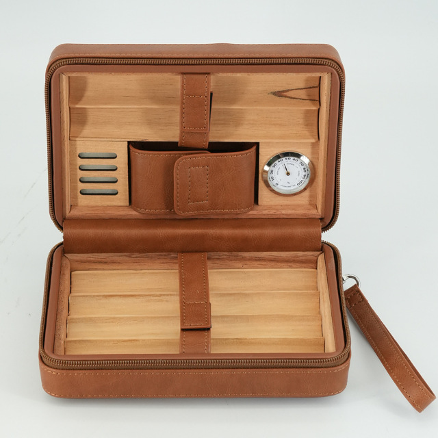 FADELI Wholesale Black Brown Cigar Humidor Case Leather Cedar Wood Cigar Box with Built in Hygrometer and Humidifier