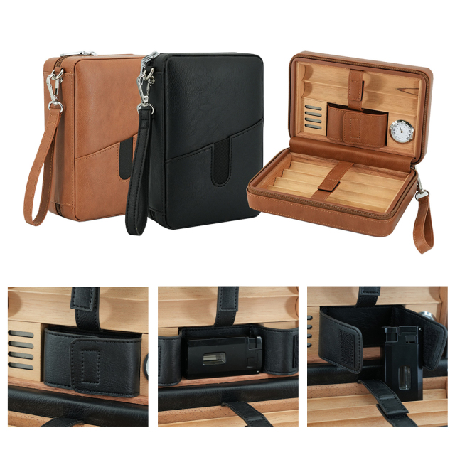 FADELI Wholesale Black Brown Cigar Humidor Case Leather Cedar Wood Cigar Box with Built in Hygrometer and Humidifier