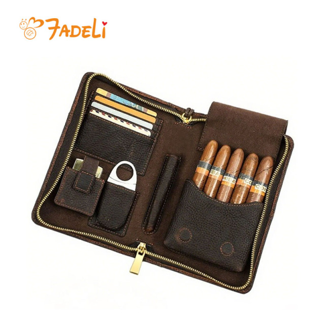 FADELI Cigar Boxes Portable Pocket Cigar Travel Humidor Cabinet Luxury 5 Finger Genuine Leather Cigar Case with Passport Pocket