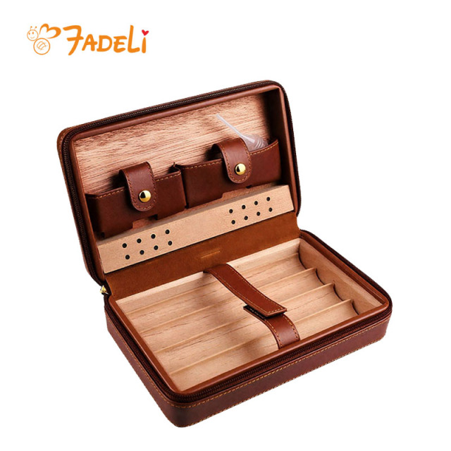 FADELI Hot Sale Luxury High End Cigar Cedar Wood Humidor Portable Travel Case Custom Logo Leather Cigar Box Humidor Case