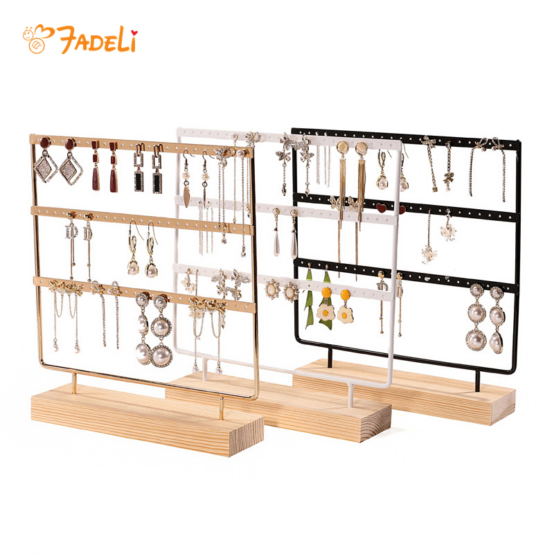 FADELI Factory Customized Metal 3 Layer Earring Display Stand Wooden Base Earrings Rack Organizer Holder