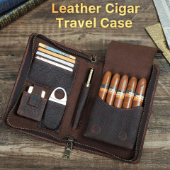 FADELI Cigar Boxes Portable Pocket Cigar Travel Humidor Cabinet Luxury 5 Finger Genuine Leather Cigar Case with Passport Pocket