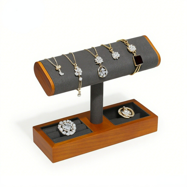 FADELI New T-Shaped Microfiber Wooden Watch Display Stand Jewelry Display Holder for Watch Necklace Bracelets Storage and Display