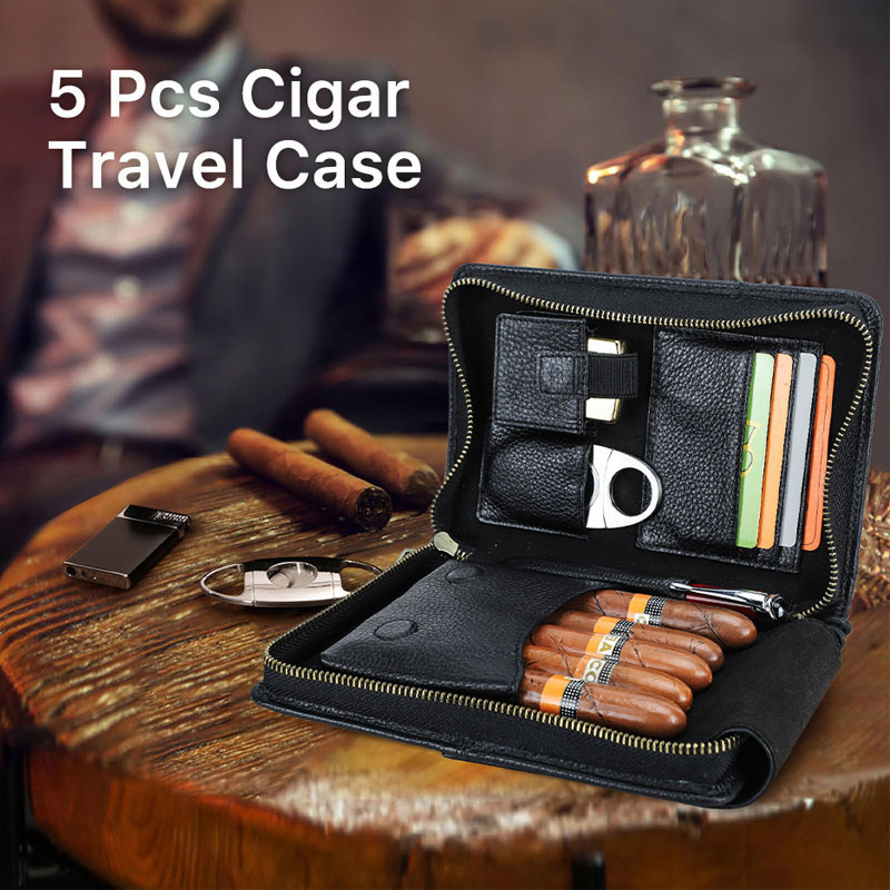 FADELI Cigar Boxes Portable Pocket Cigar Travel Humidor Cabinet Luxury 5 Finger Genuine Leather Cigar Case with Passport Pocket