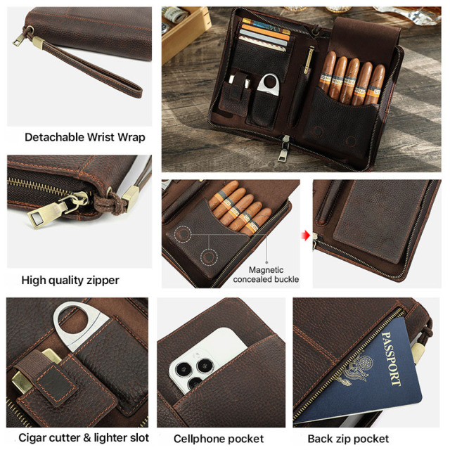 FADELI Cigar Boxes Portable Pocket Cigar Travel Humidor Cabinet Luxury 5 Finger Genuine Leather Cigar Case with Passport Pocket