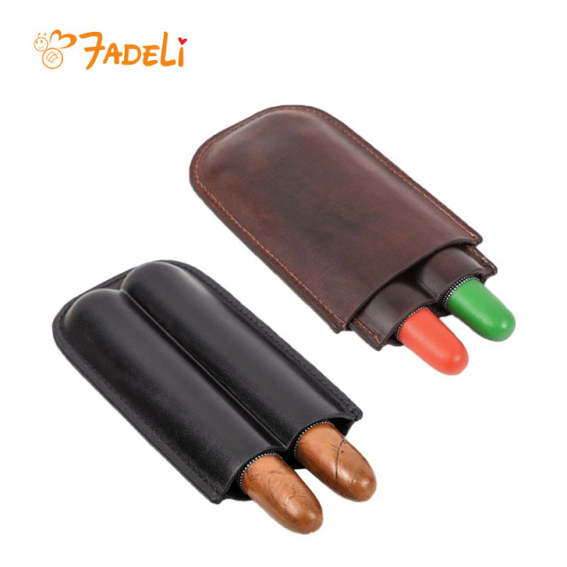 FADELI Wholesale Cigar Case Portable Genuine Leather Cigar Box Travel Humidor Holder 2 Tube Cigar Bag