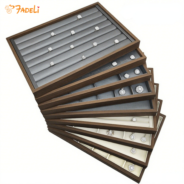 FADELI Factory-customized Stackable Walnut Wooden Jewelry Display Tray for Ring Bracelet Necklaces Ring Display Tray Brown