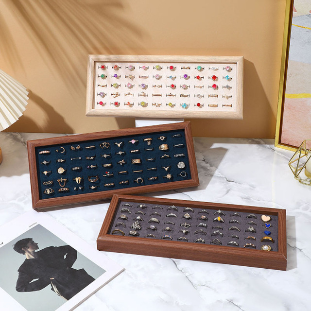 FADELI Wholesale Jewelry Display Tray Wood Pattern Velvet MDF Frame Ring Display Tray Ring Storage