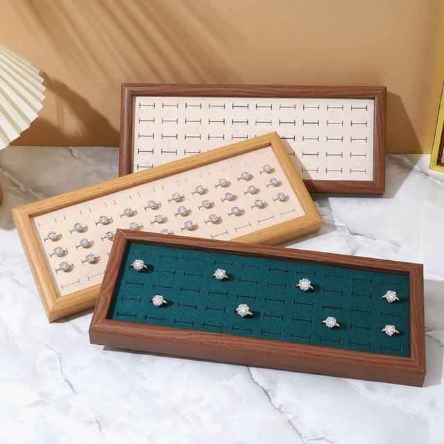 FADELI Wholesale Jewelry Display Tray Wood Pattern Velvet MDF Frame Ring Display Tray Ring Storage