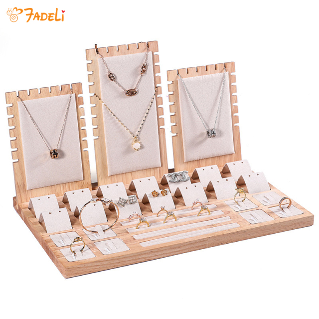 FADELI New Solid Wood Jewelry Display Tray Jewelry Display Stand Velvet/PU Leather Jewelry Display Props for Necklace Bracelet Ring