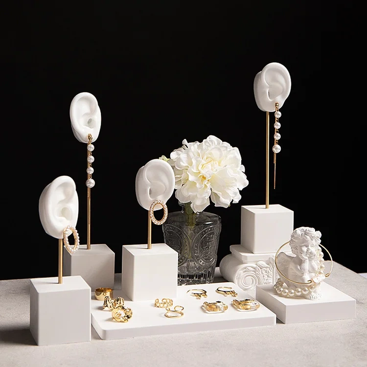 FADELI Ear Shape Jewelry Display Stand Silicone Human Ear Model Jewelry Display Plaster Base Earring Display Holder