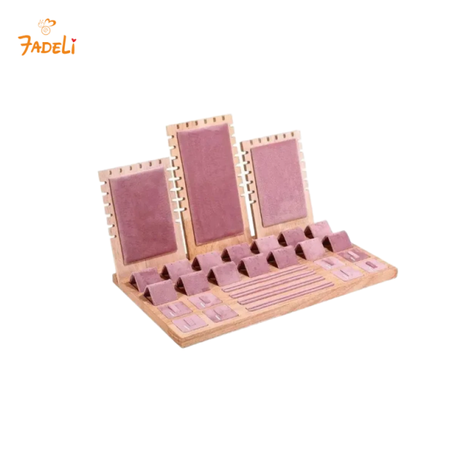 FADELI Popular Pink Velvet Suede White Black Leather Bamboo Wooden Jewelry Display Stand Retail Jewelry Organizer ShowCase