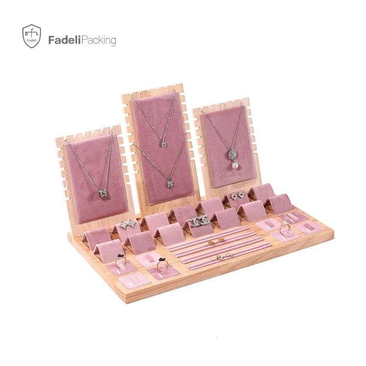FADELI Popular Pink Velvet Suede White Black Leather Bamboo Wooden Jewelry Display Stand Retail Jewelry Organizer ShowCase