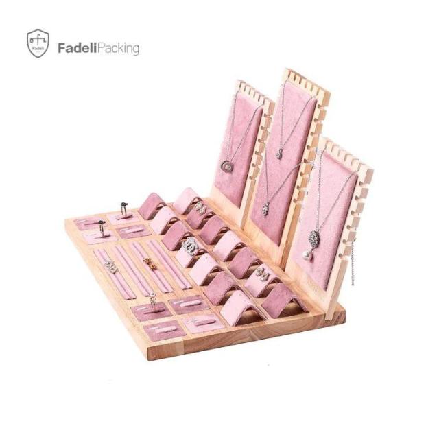 FADELI Popular Pink Velvet Suede White Black Leather Bamboo Wooden Jewelry Display Stand Retail Jewelry Organizer ShowCase