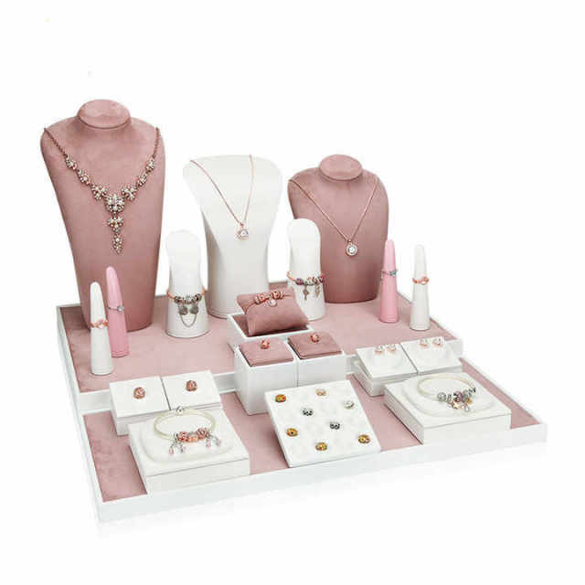 Luxury Ultra-fine Fiber Necklace Ring Bracelet and Earring Display case Black and Beige Jewelry Display