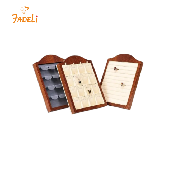 FDL Wooden Finish Frame Beige Color Earring Display Stand Ring Display Gray Pendant Displays Trays Stand