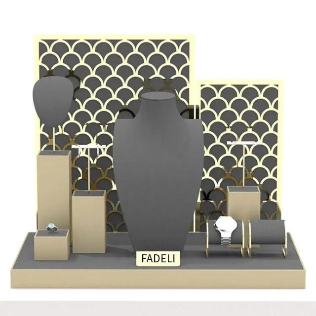FADELI Cheap Price with Luxury Ring Necklace Earrings Jewelry Display for Metal Microfiber Shop Window Jewelry Display Set