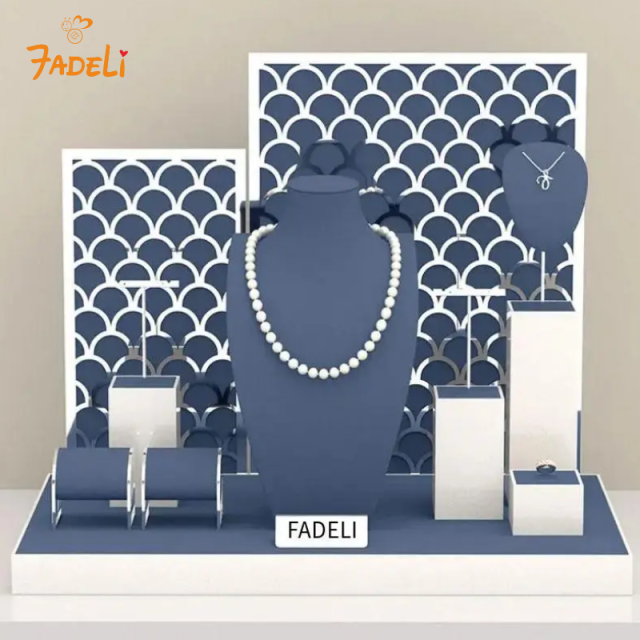 FADELI Cheap Price with Luxury Ring Necklace Earrings Jewelry Display for Metal Microfiber Shop Window Jewelry Display Set